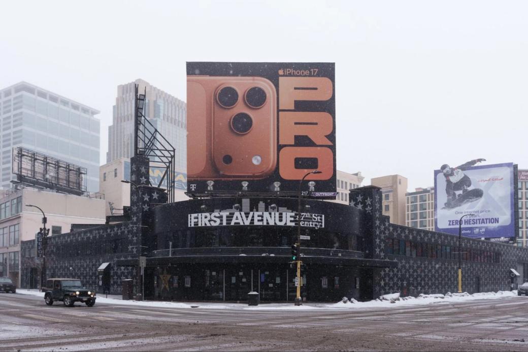Street view of First Avenue, the entry at 7th St, with an almost empty intersection. (Tim Evans / City Cast Twin Cities)