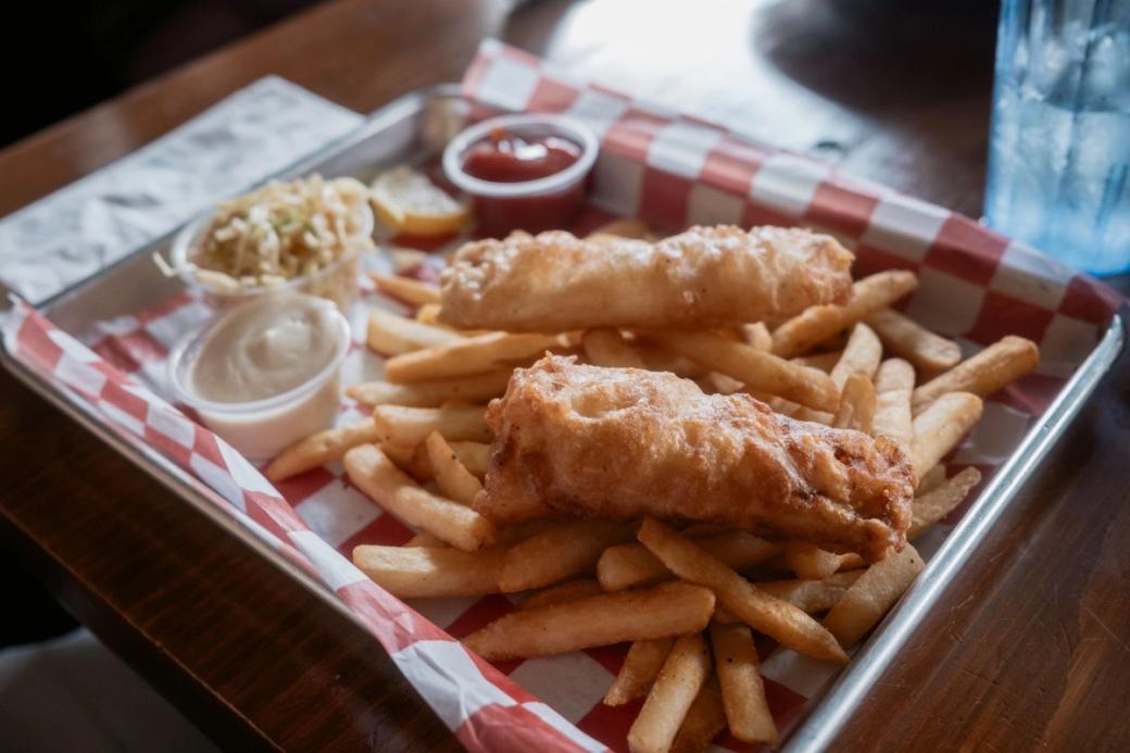 A tray of fish and chips.