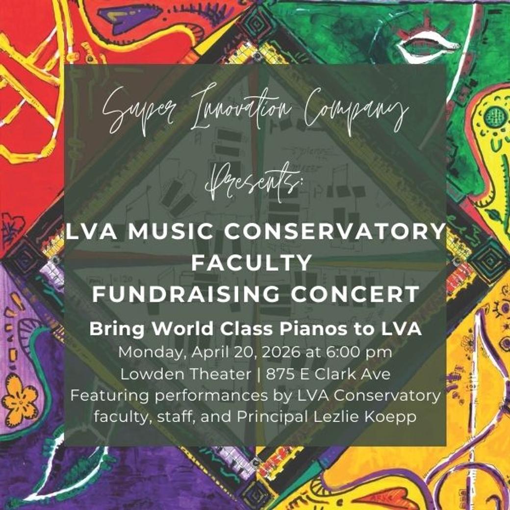 Colorful event poster for Las Vegas Academy's Music Faculty Fundraising Concert on April 20, 2026, featuring art and concert details.