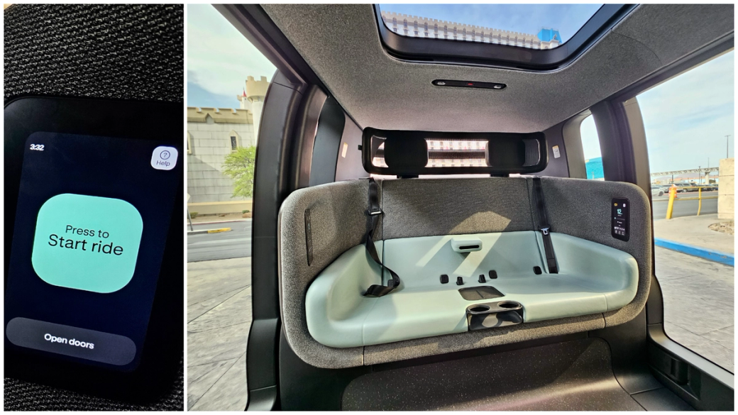 The interior of a Zoox shuttle. 