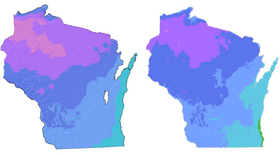 The USDA's hardiness maps of Wisconsin from 2012 (Left) and 2023 (Right).