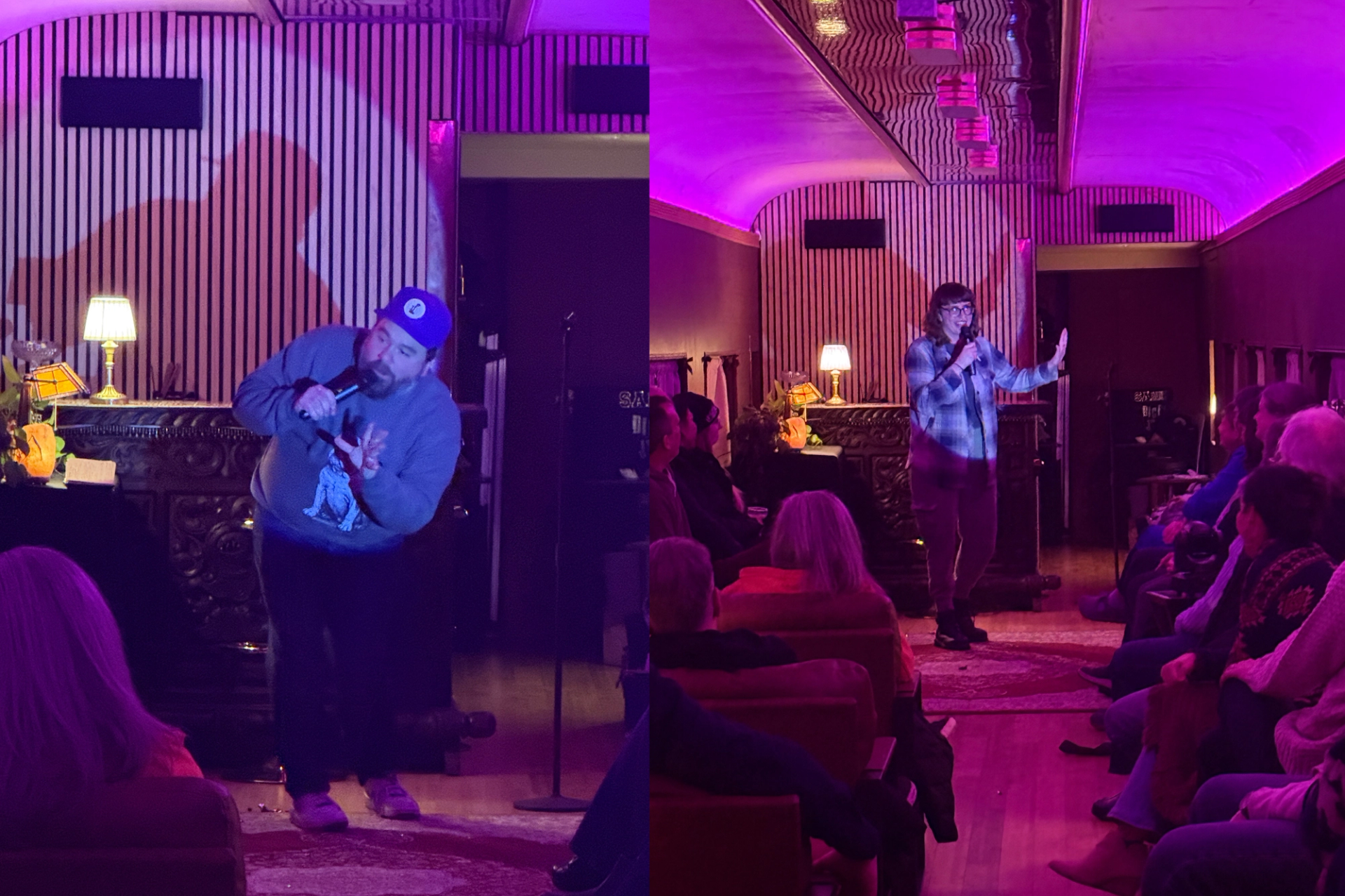 A man and a woman talking to an audience in a small room in purple light.