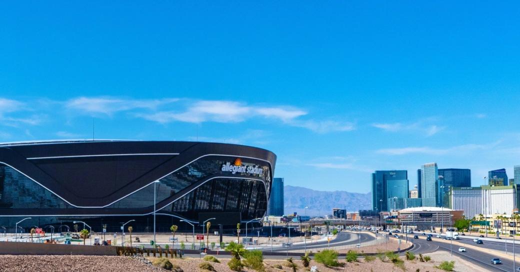 The outside of Allegiant Stadium on a clear day.