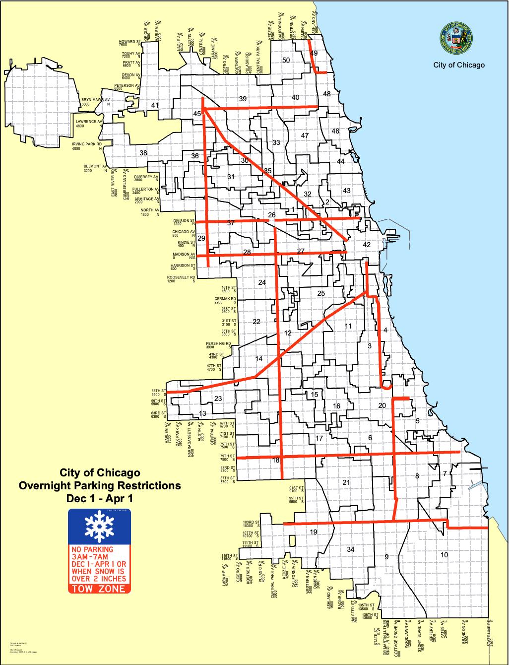 A map of Chicago winter overnight parking restrictions