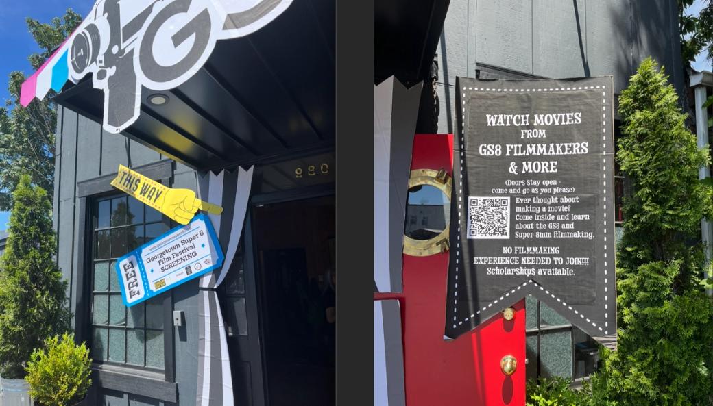 Two photos side by side of a yellow hand outside a door pointing inside and reading “this way” with a sign underneath reading “Georgetown Super 8 Film Festival Screening, FREE” in the shape of a movie ticket. Next to it is another sign that says “Watch movies from GS8 Filmmakers & More” and includes a QR code to sign up to become a filmmaker.