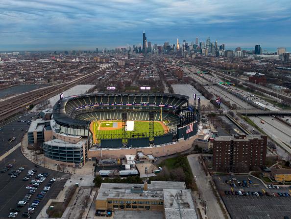 In an aerial view, Guaranteed Rate Field is seen prior to a game between the Chicago White Sox and the San Francisco Giants at Guaranteed Rate Field on April 03, 2023 in Chicago, Illinois.