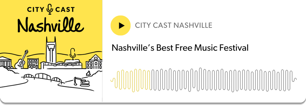 On the left, a silhouette of Nashville in yellow and white. On the right, a pod player that says: Nashville’s Best Free Music Festival
