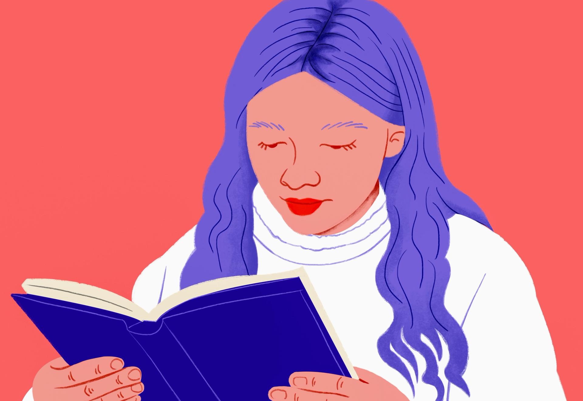 Red and blue illustration of a person reading a book up close.