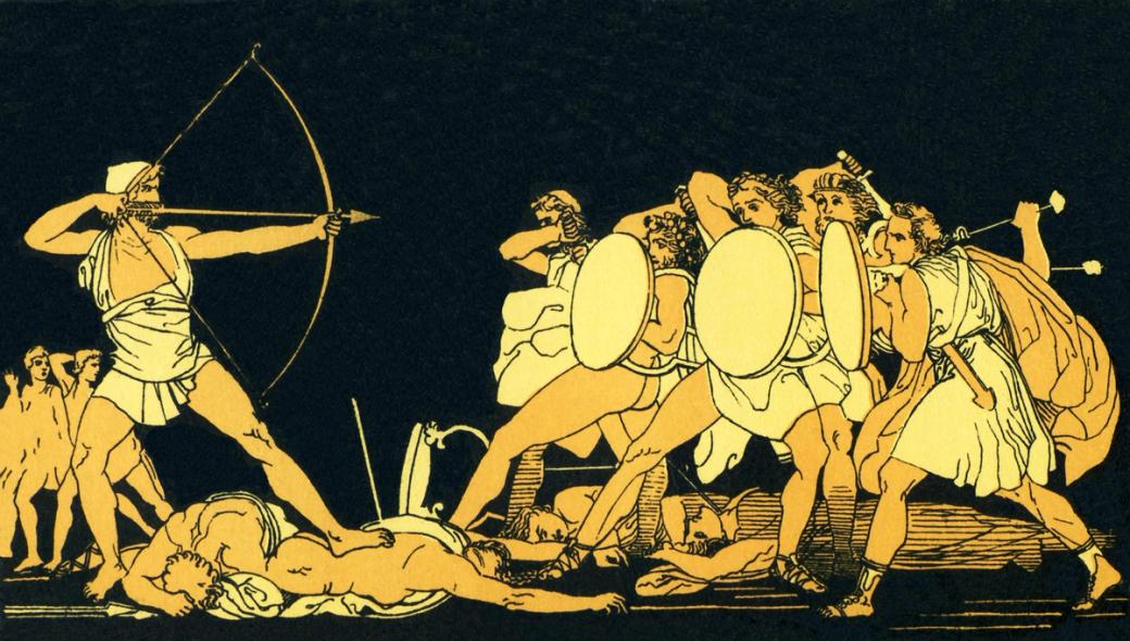 Illustration of Odysseus pointing a bow and arrow at aw group of people holding shields, others have fallen to the ground