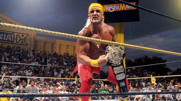 Hulk Hogan celebrates at WrestleMania 9 in Las Vegas.