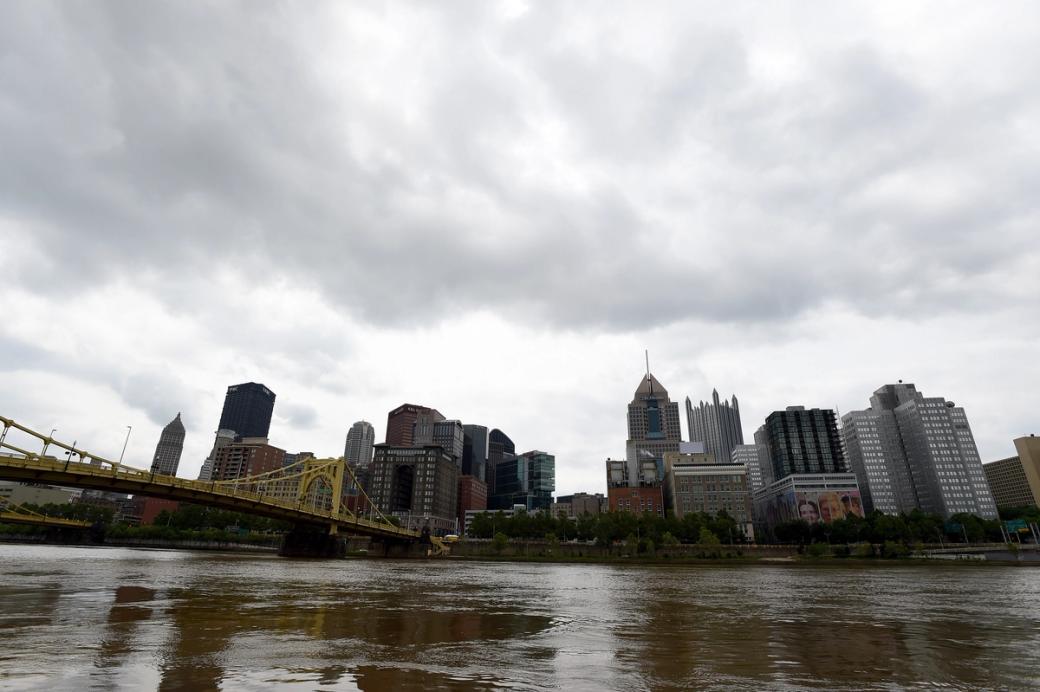 storm clouds hang low over pittsburgh, looking north from the river
