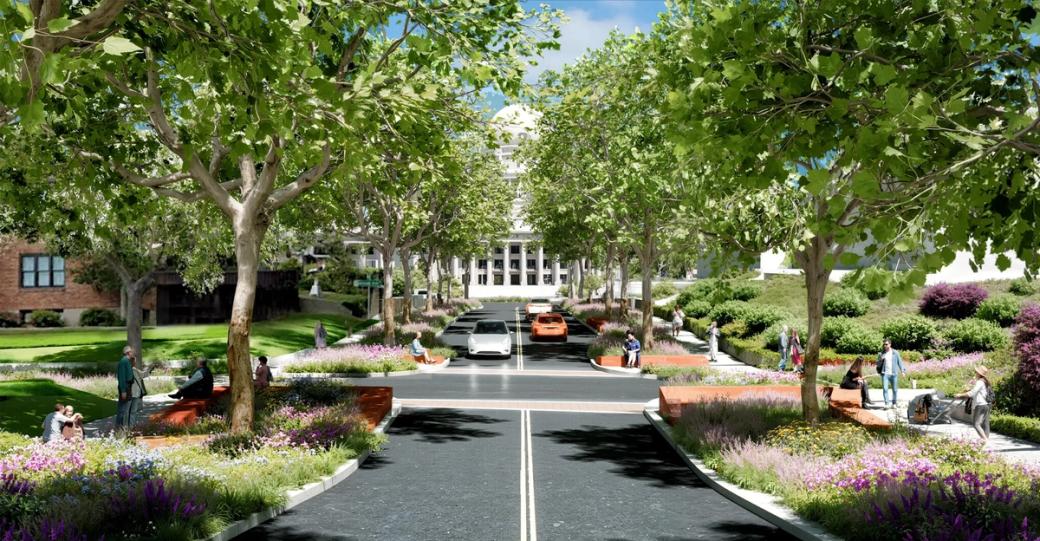 A rendering of the Pioneer Trail on State Street near the Capitol with landscaping, seating, and pedestrian walkways.