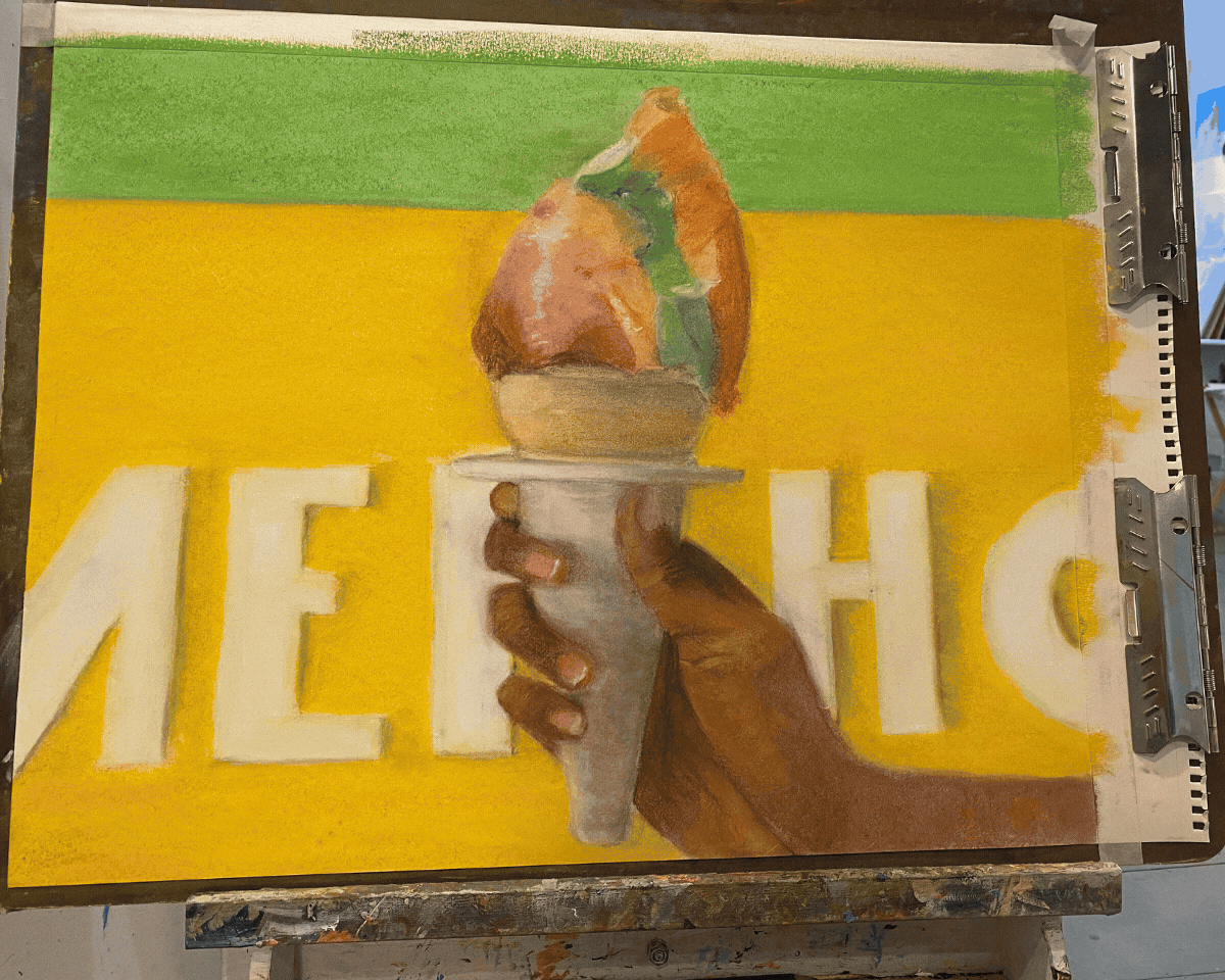 Drawings of ice cream, woods, a beach, and teapot and apples