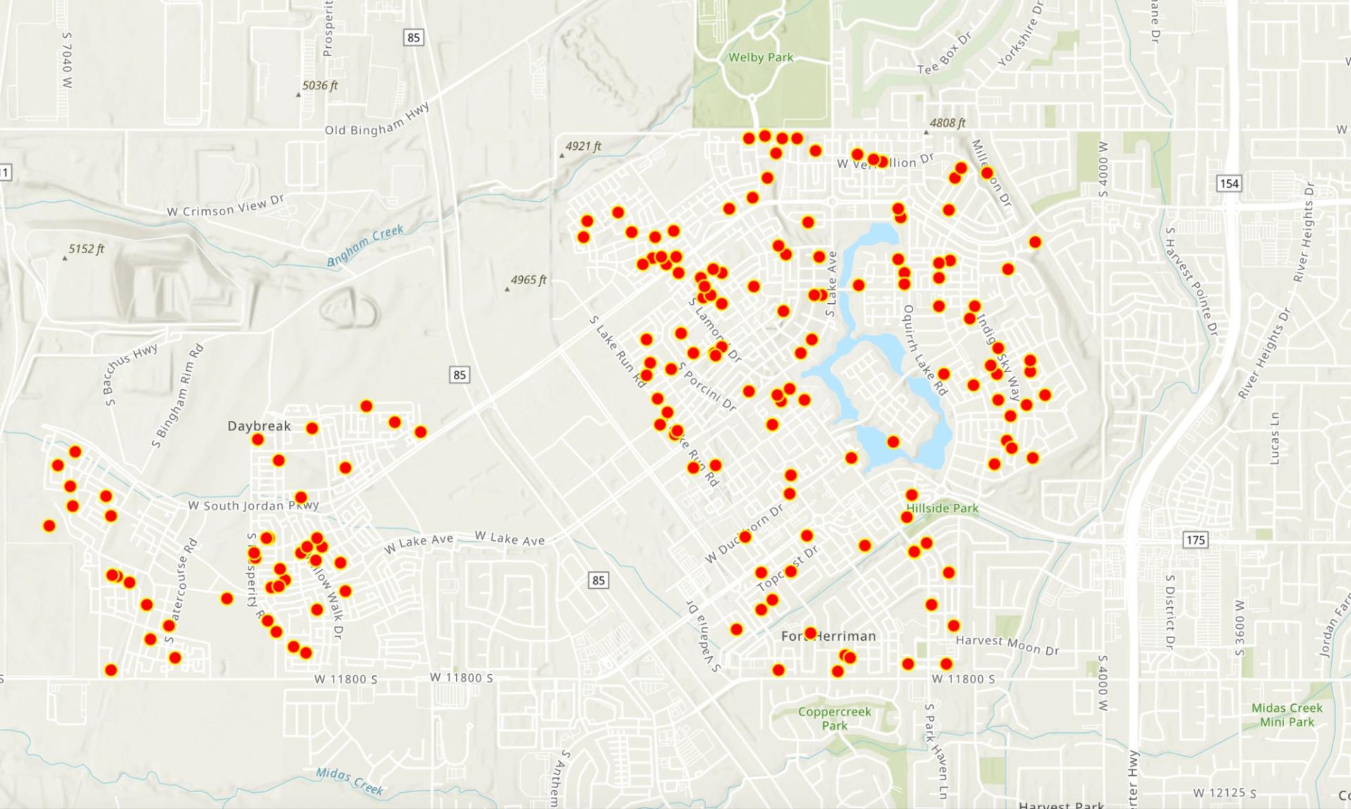 Map of Daybreak yard sale homes.