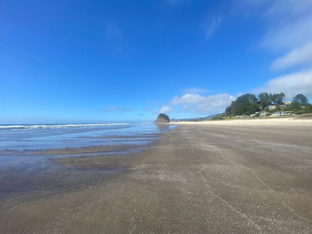 sand at low tide with Proposal Rock in the background. 