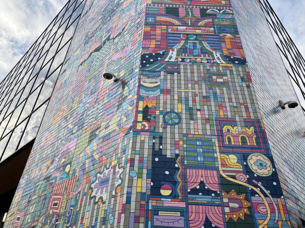 Multi-colored and patterned exterior wall of a building