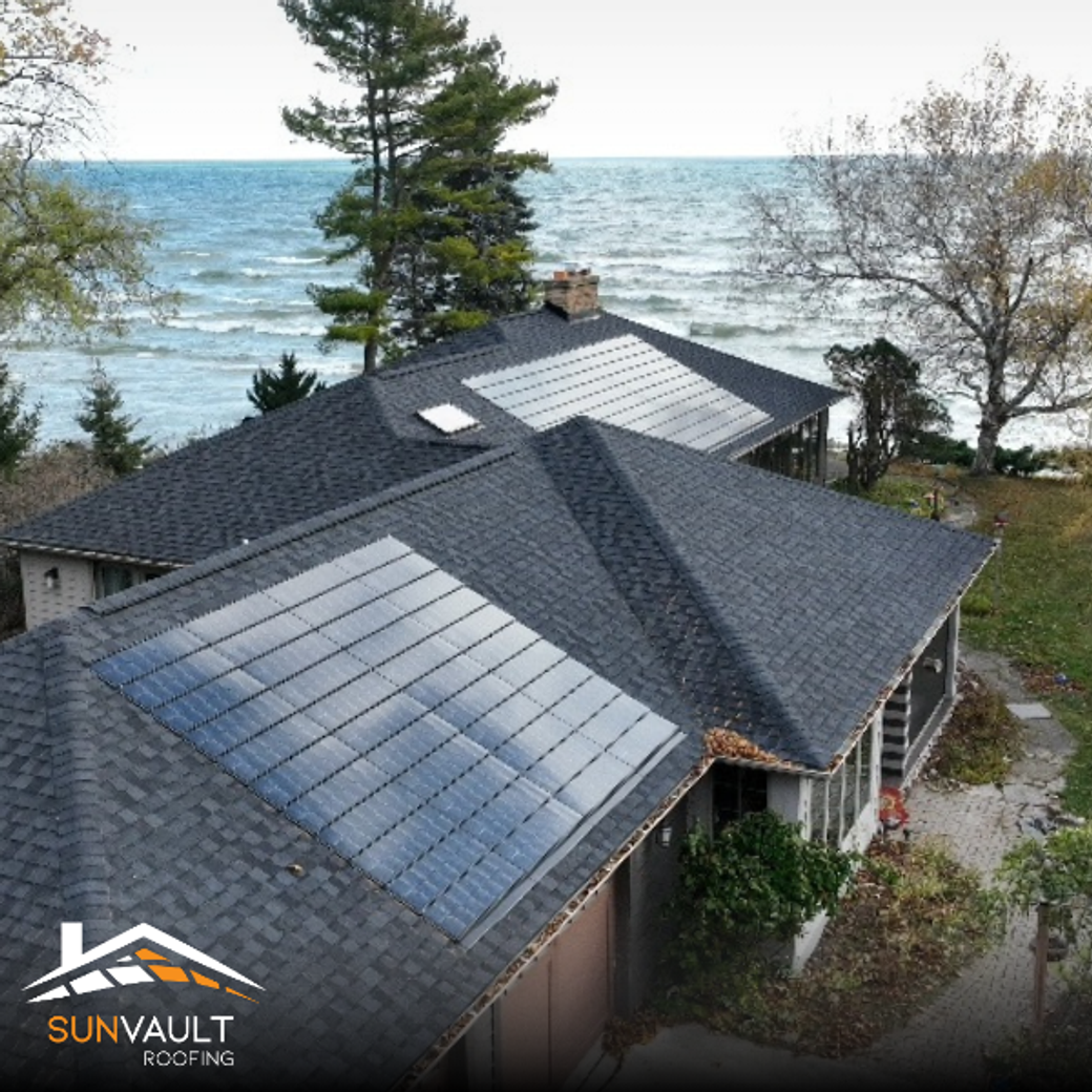 Display ad for Sun Vault Roofing; house with solar shingles