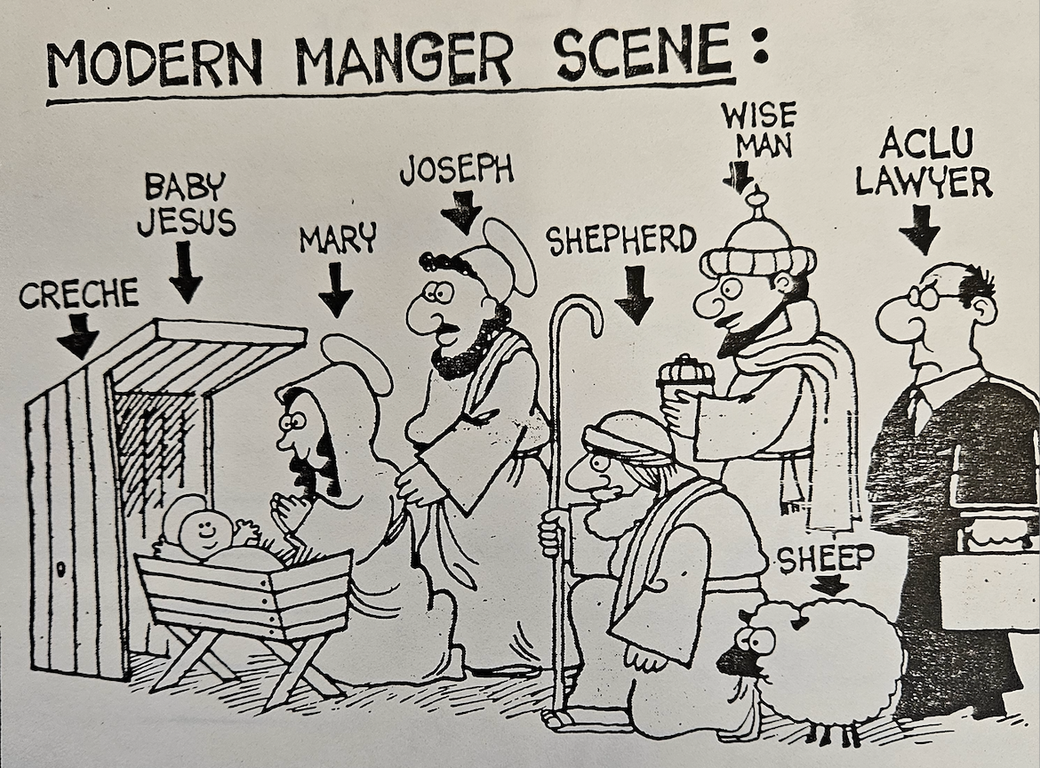 The legal team behind the case over two recurring religious displays in downtown Pittsburgh got the cartoon treatment several times ahead of their U.S. Supreme Court appearance in 1989. (Courtesy of Jon Pushinksy)