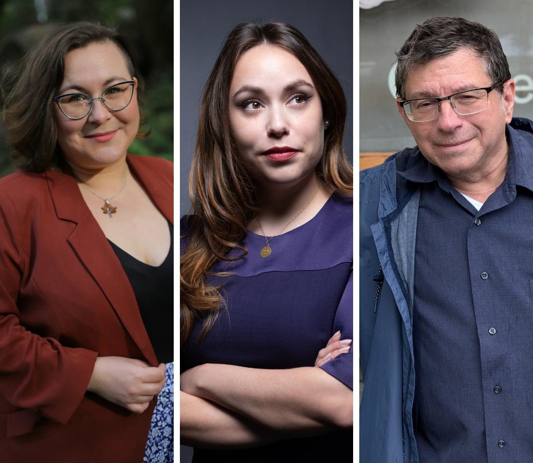 Portrait photos of three people. Woman in red jacket on left with glasses, woman in purple arms folded middle, man on left with blue shirt and blue jacket