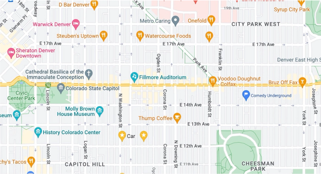 a strip of Colfax Avenue on Google Maps