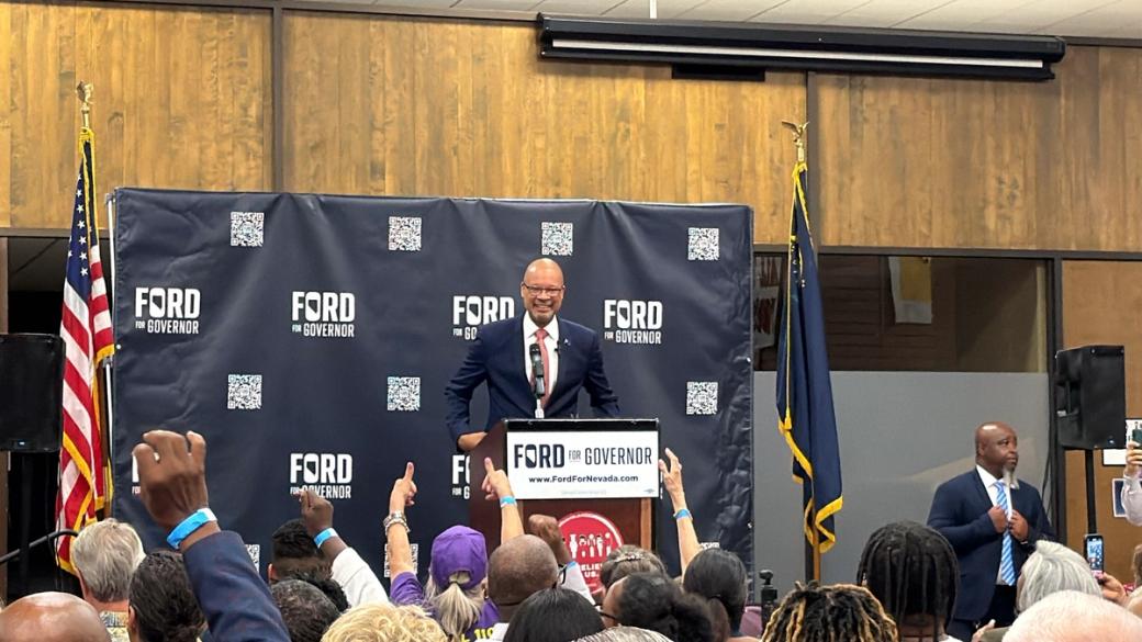Aaron Ford addresses supporters. 