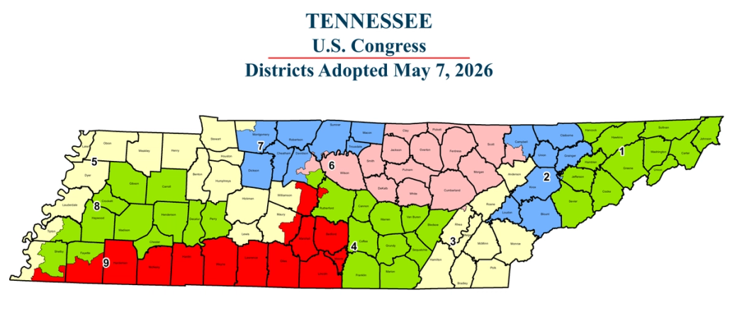 A map of Tennessee's new congressional district in different colors. Text reads: Tennessee U.S. Congress, Districts adopted May 7, 2026.