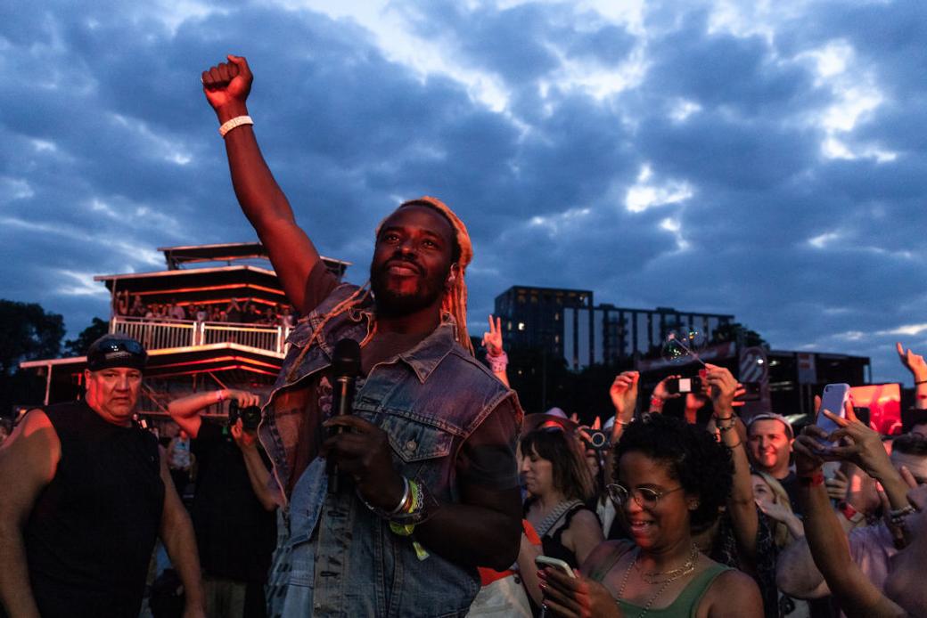 Eric Burton of Black Pumas performs at Pitchfork Music Festival at Union Park July 19