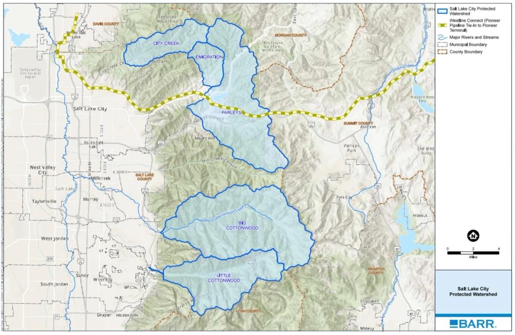 Map showing the Westline Connect fuel pipeline in yellow running from North Salt Lake through Parleys Canyon toward Summit County, crossing portions of Salt Lake City’s watersheds.