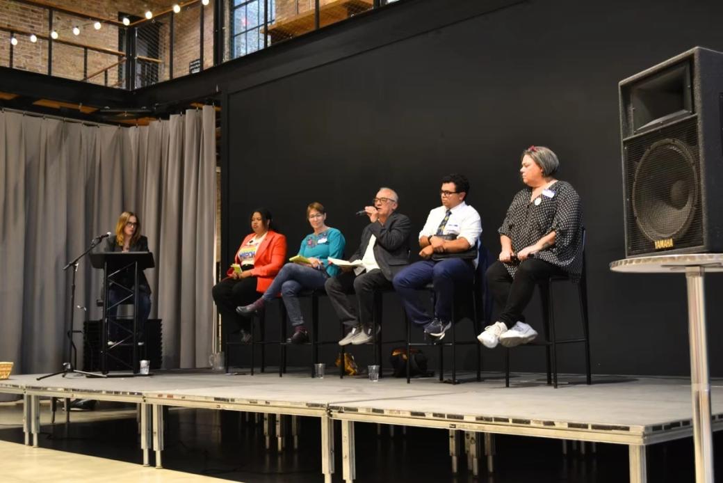 The candidates at the forum included (from left to right): Juliana Bennett, Zoe Sullivan, Tony Castañeda, Isaia Ben-Ami, and Dina Nina Martinez-Rutherford.