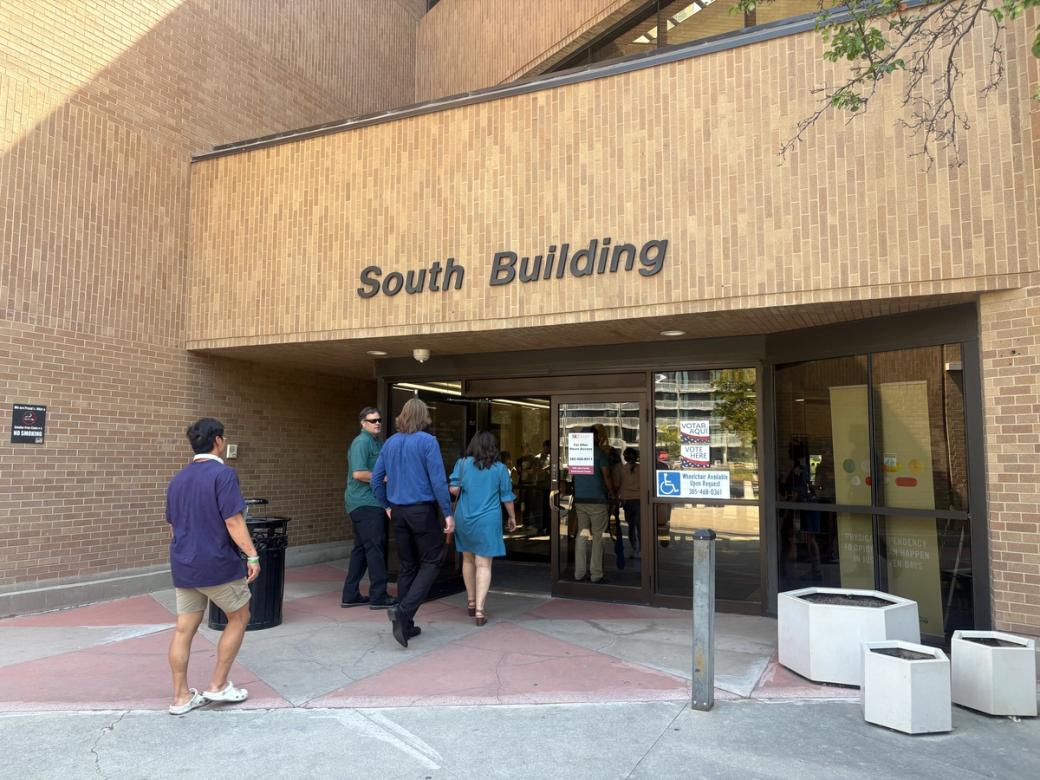 People walking into the Salt Lake County Government Center’s South Building. 
