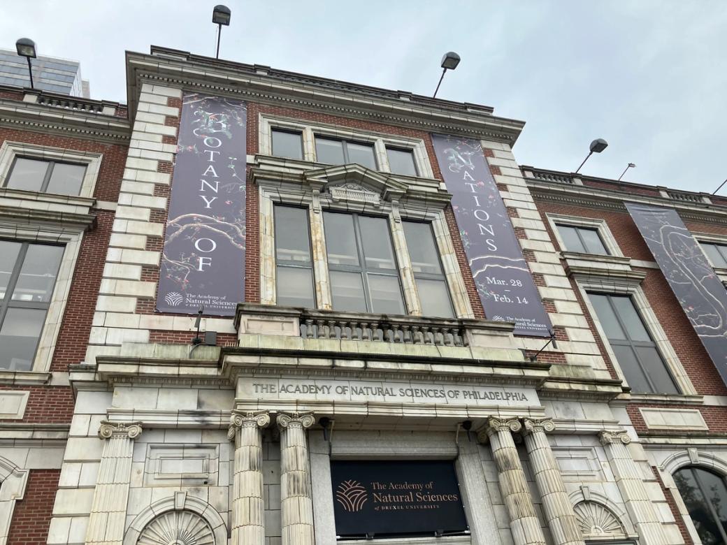 Exterior of the Academy of Natural Sciences with its brick and limestone facade. Banners advertise its Botany of Nations exhibit.