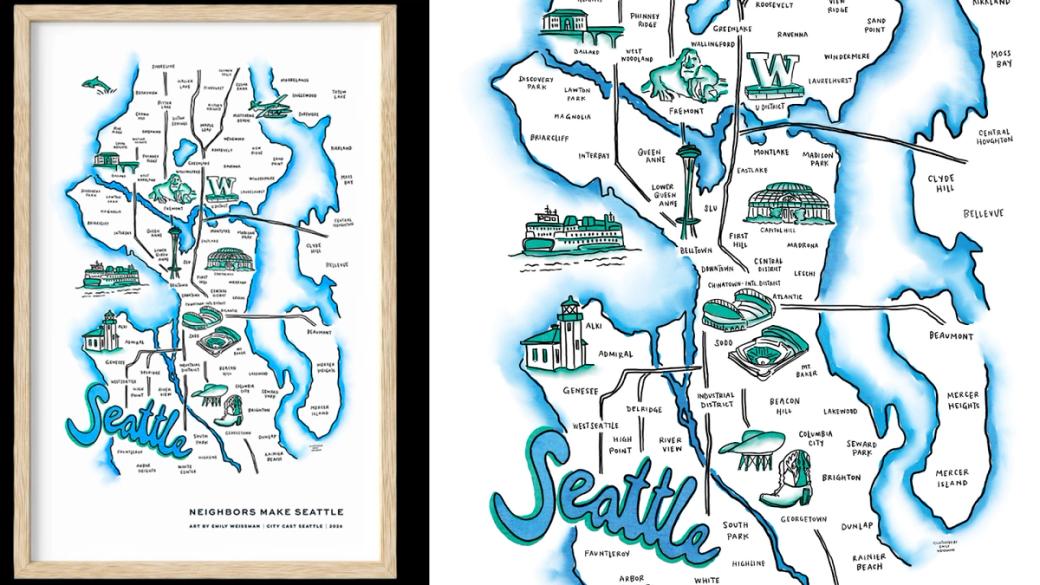 A stylized map of Seattle