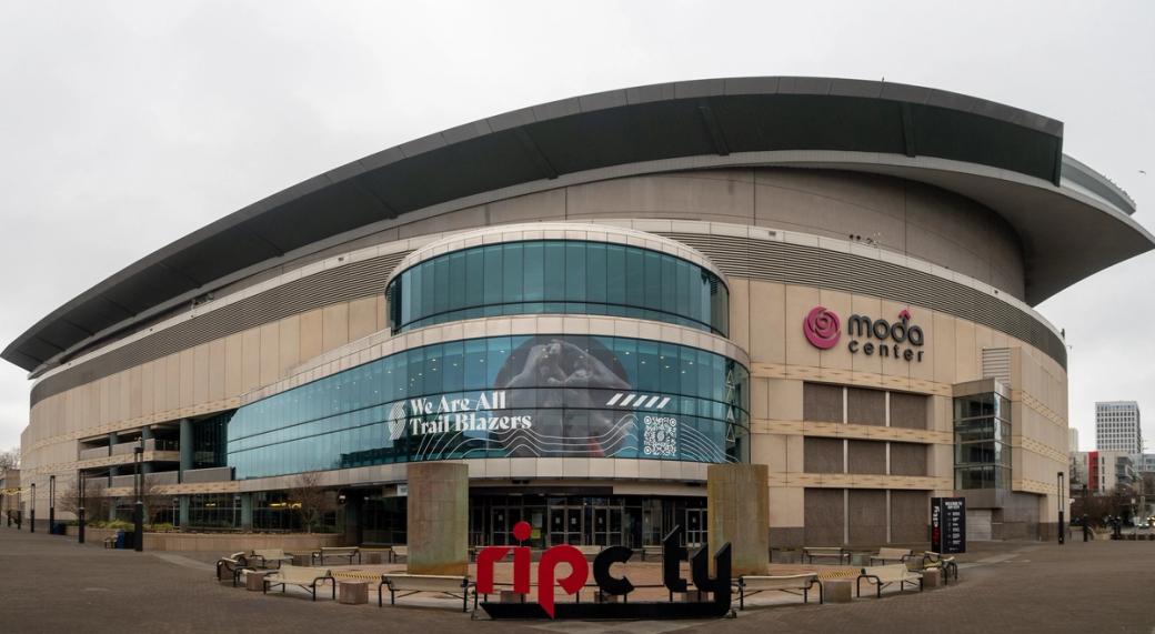The outside of the Moda Center arena