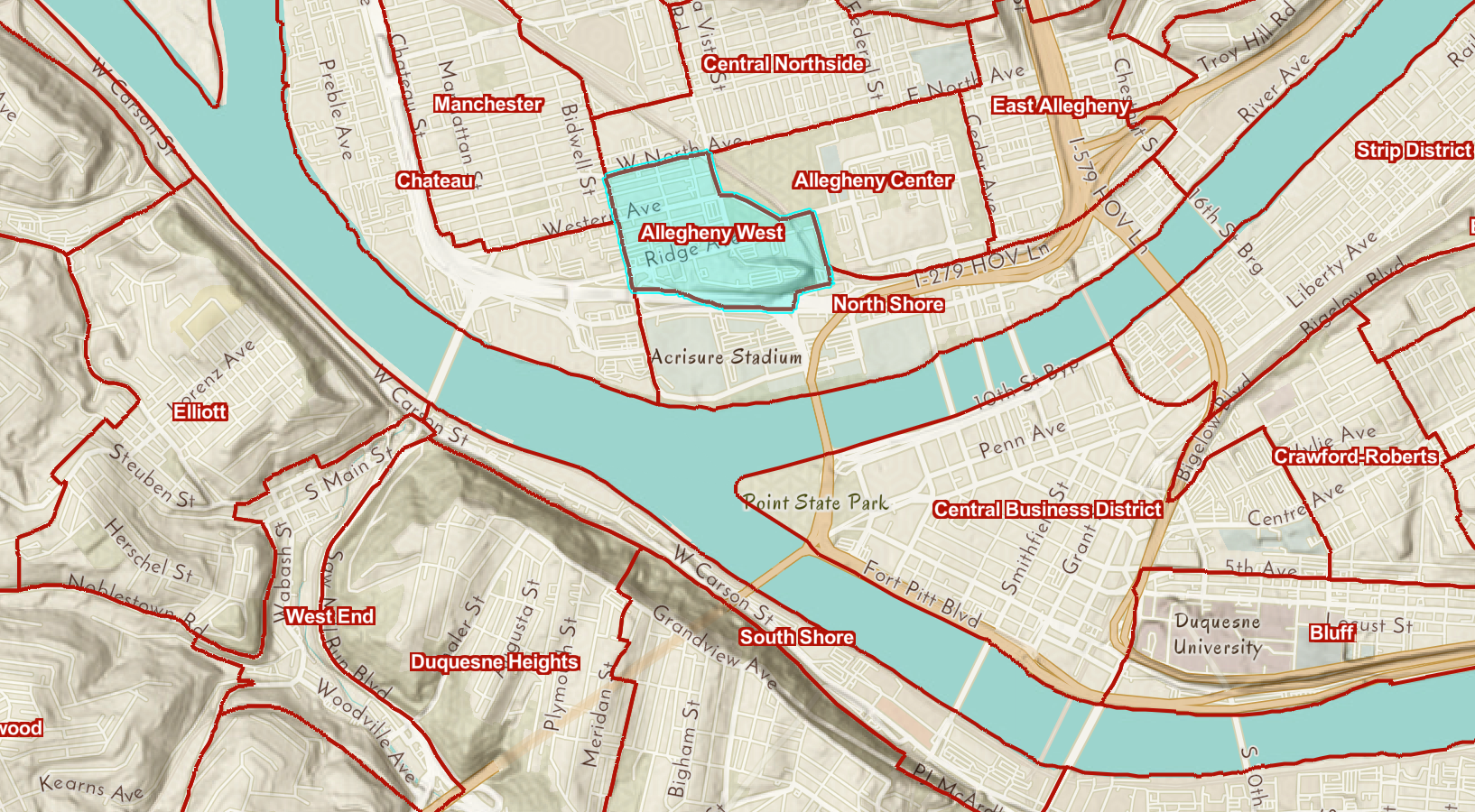 Allegheny West highlighted on the Pittsburgh Neighborhood Map. (City of Pittsburgh)