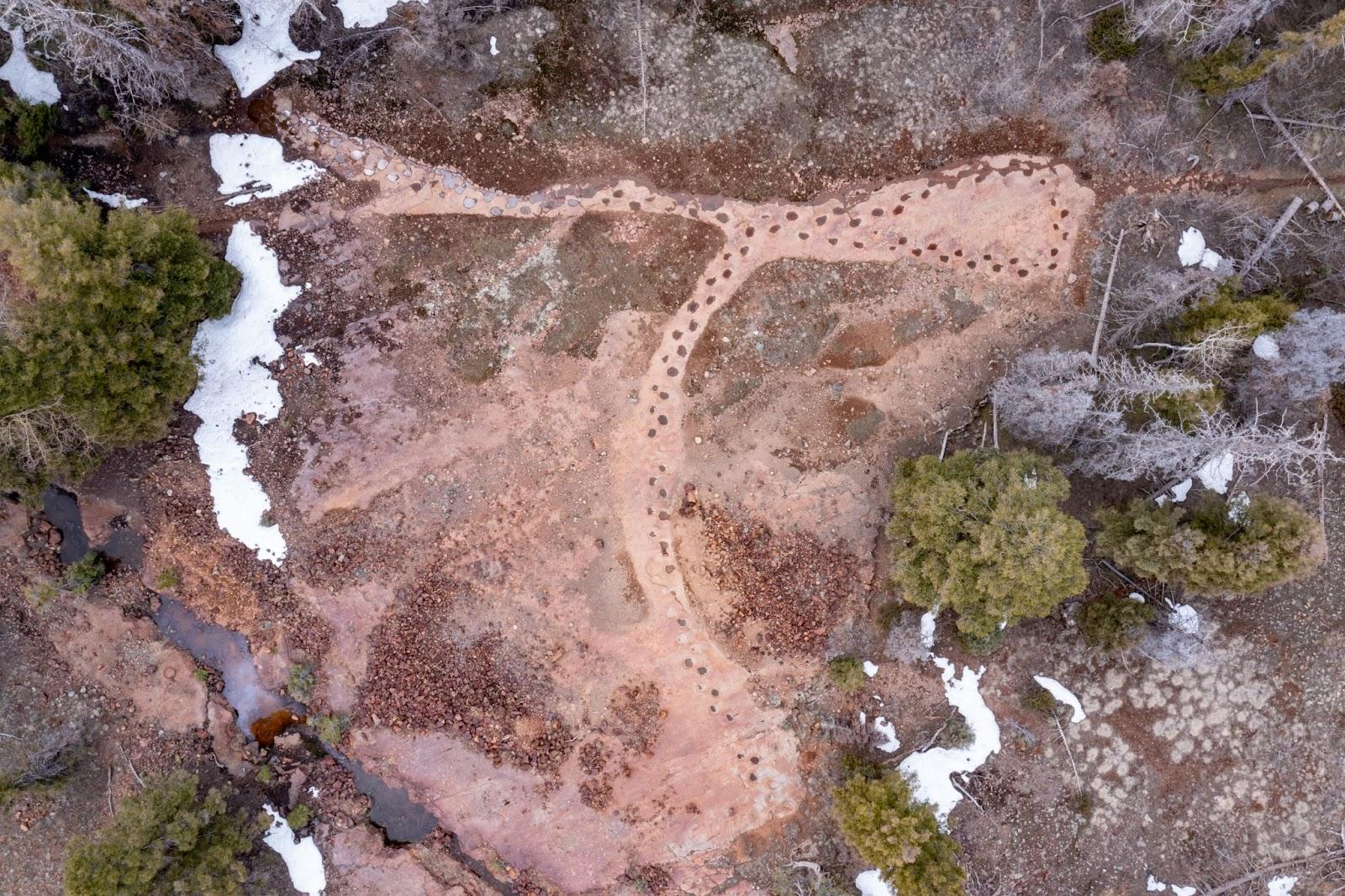 An aerial view of the fossilized dinosaur trackway known as the West Gold Hill Dinosaur Track site.