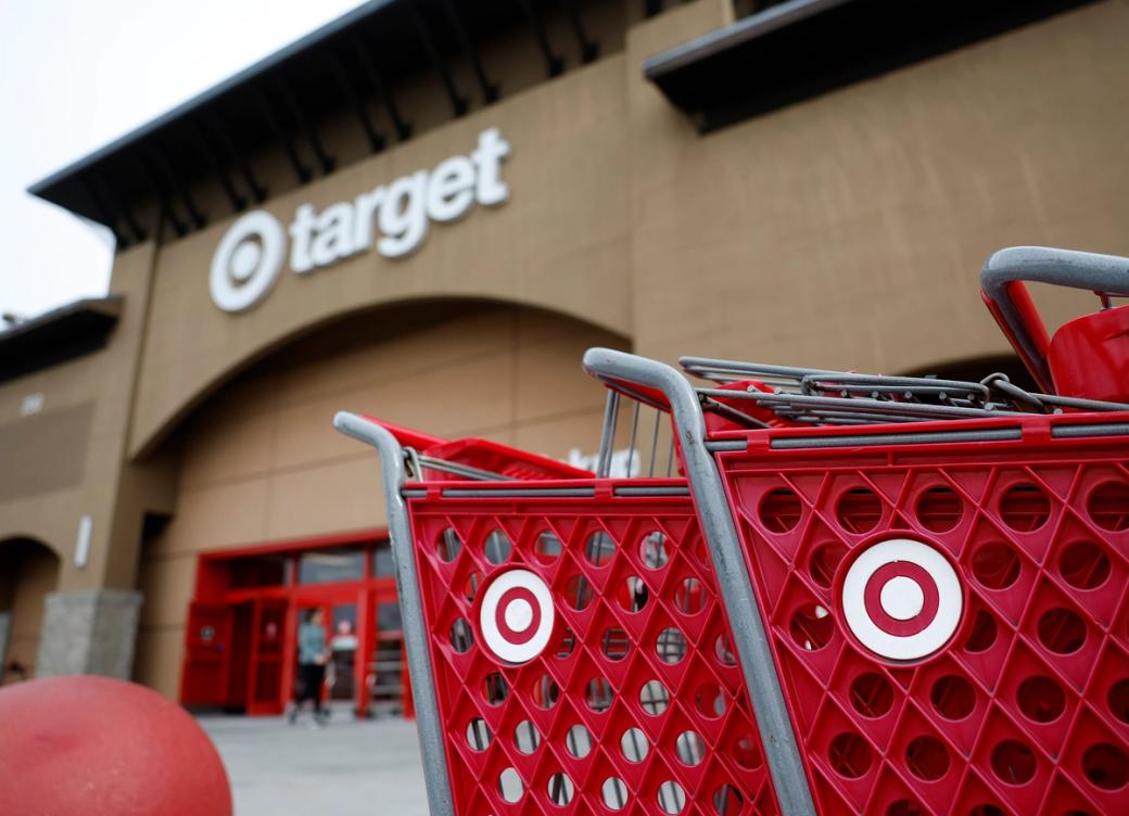 Close-up view of red grocery store cart with Target logo