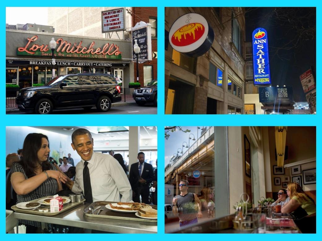 Photo collage, clockwise from top left: exterior shot of restaurant in urban area, nighttime photo of restaurant parking sign, Barack Obama with woman standing next to food tray, and diners sit at bar next to restaurant window