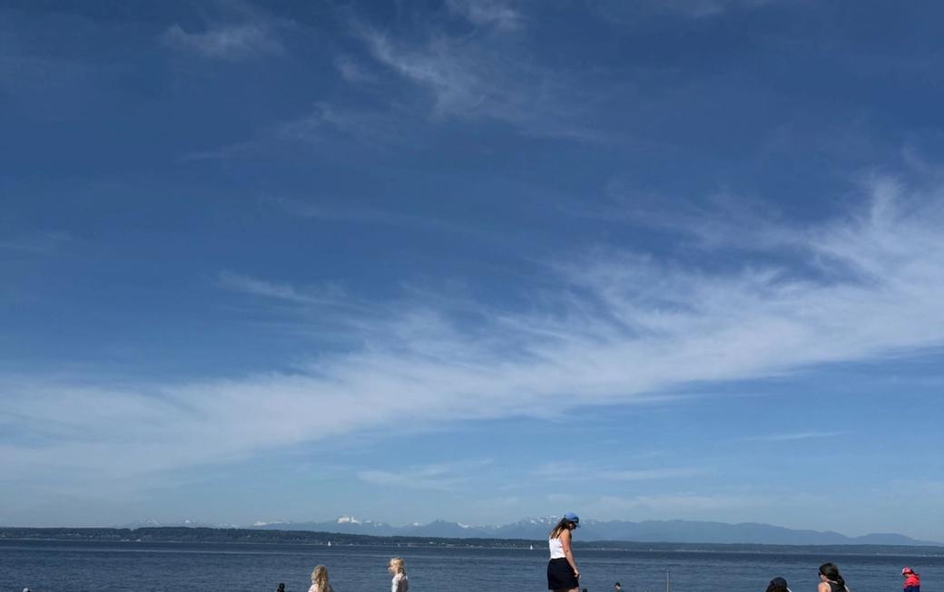 A photo of Golden Gardens with kids playing in the water, the sand, and enjoying the beautiful lake with the Olympias in the distance