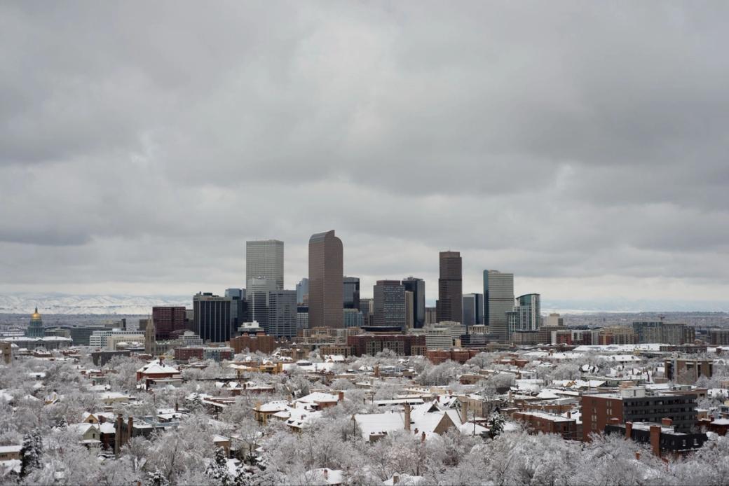 Snow covers the city of Denver