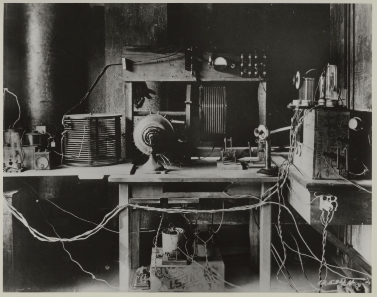 Frank Conrad’s garage with Westinghouse radio equipment, 1920. (Westinghouse Electric Corporation via Historic Pittsburgh)