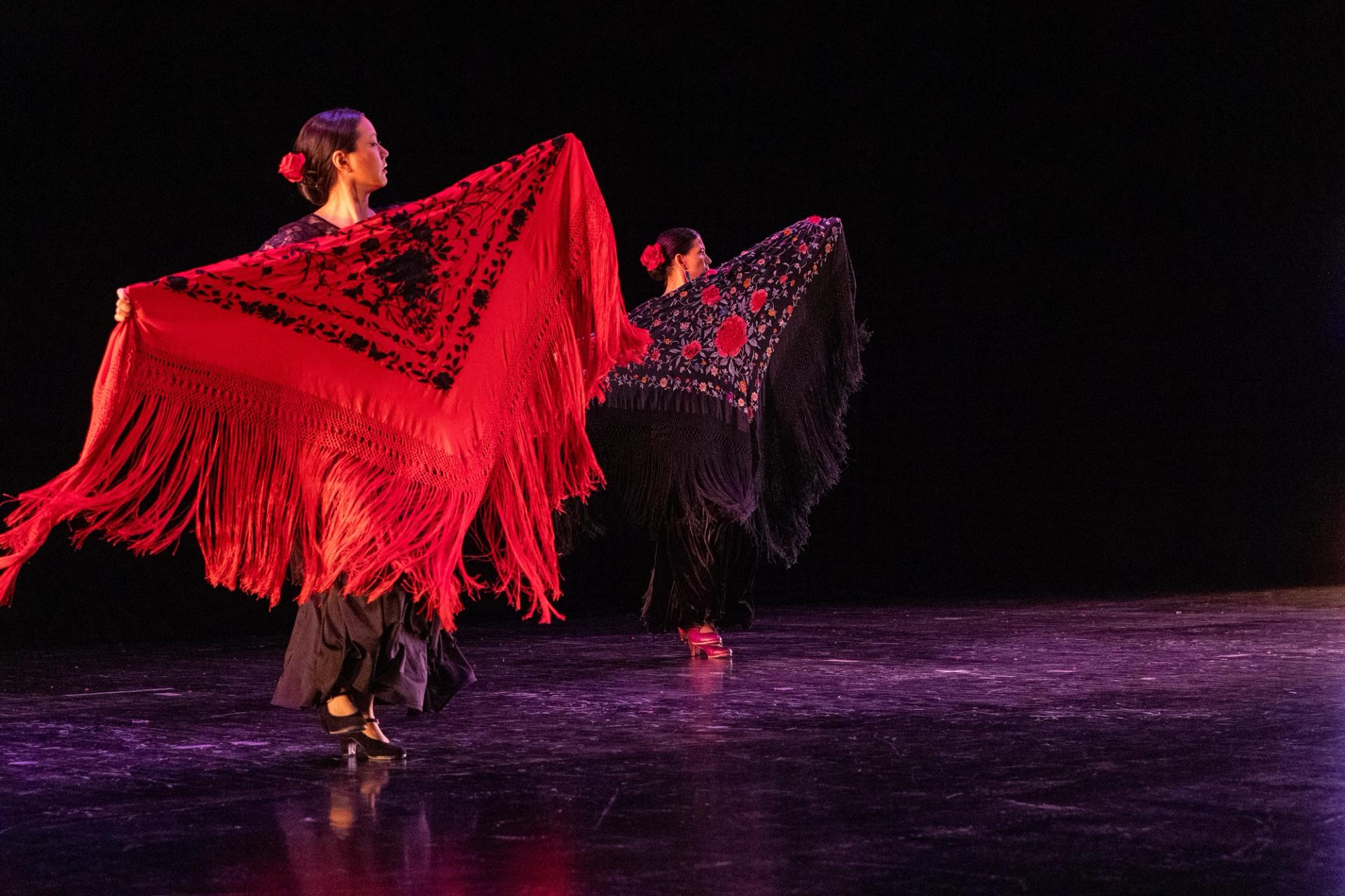 A woman in a red dress and a woman in a black dress dance on stage.