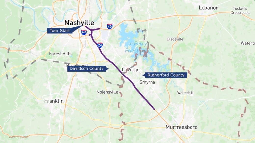 A map showing a proposed transit route marked by a purple line running south from a 'Tour Start' point near Interstate 440 in Nashville, through Davidson County and into Rutherford County, passing near La Vergne, Smyrna and toward Murfreesboro. Surrounding communities including Brentwood, Nolensville, Franklin and Lebanon are also visible.