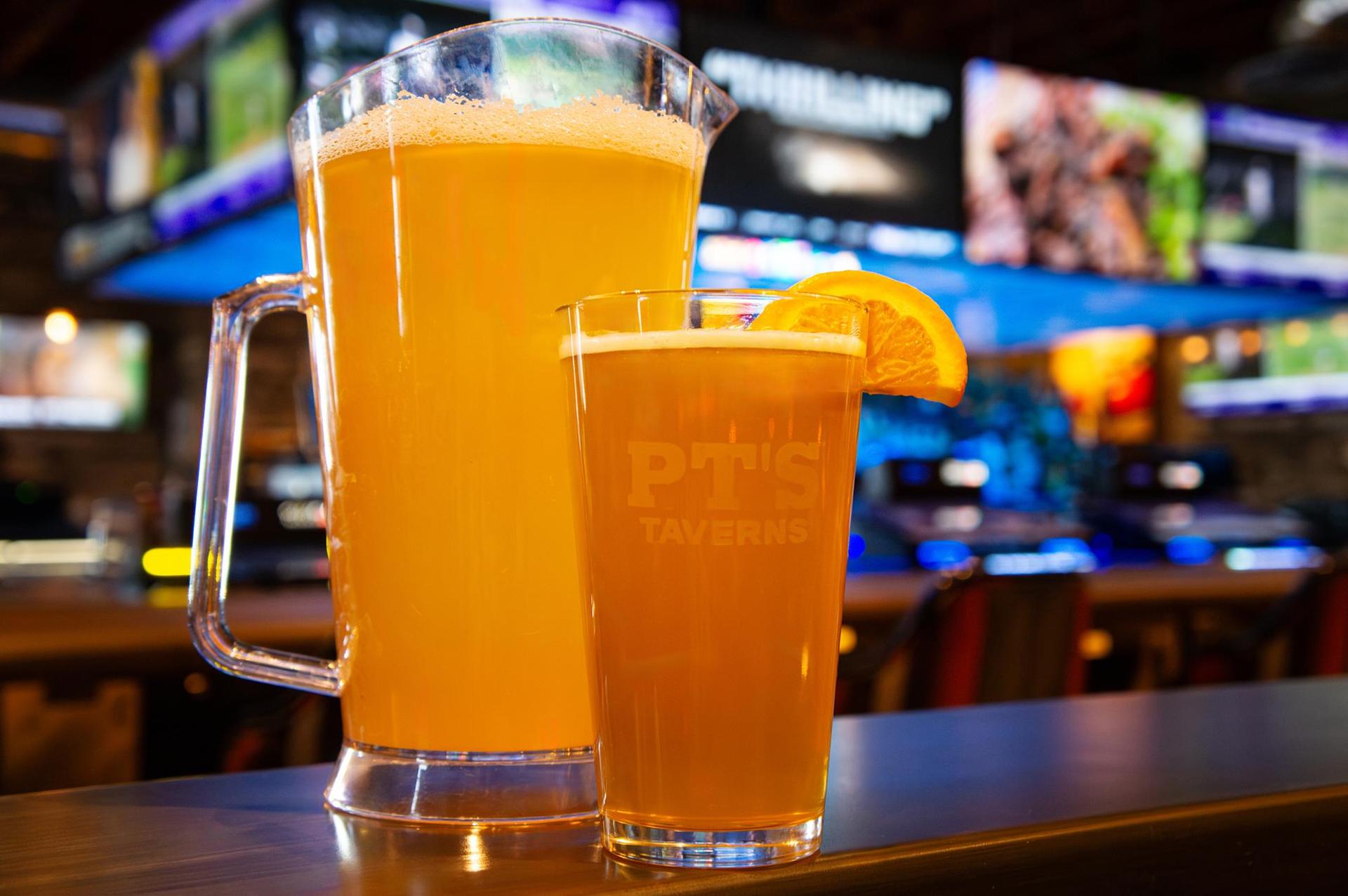 A pitcher of beer on a counter at PT's Taverns.