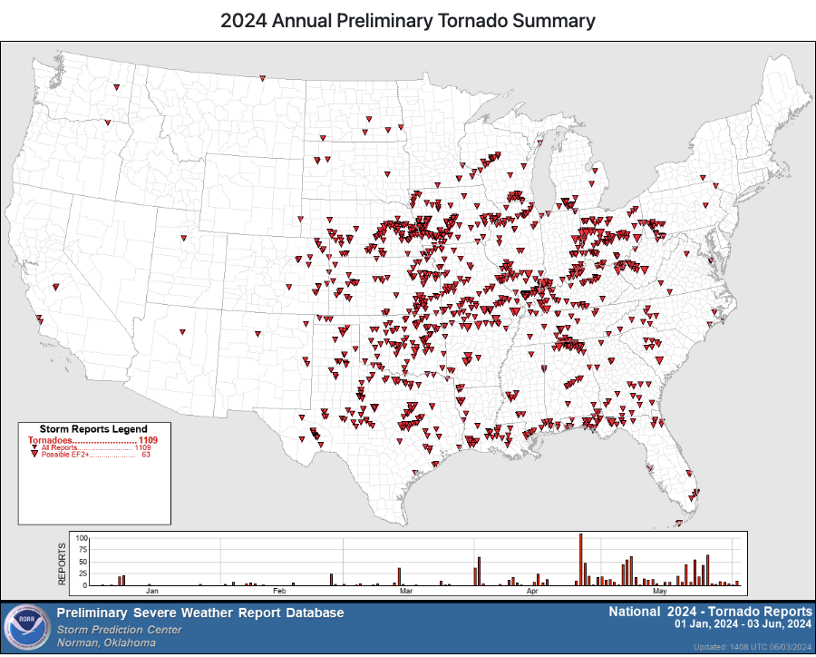 a screenshot from NOAA showing tornadoes in the United States since Jan 1, 2024