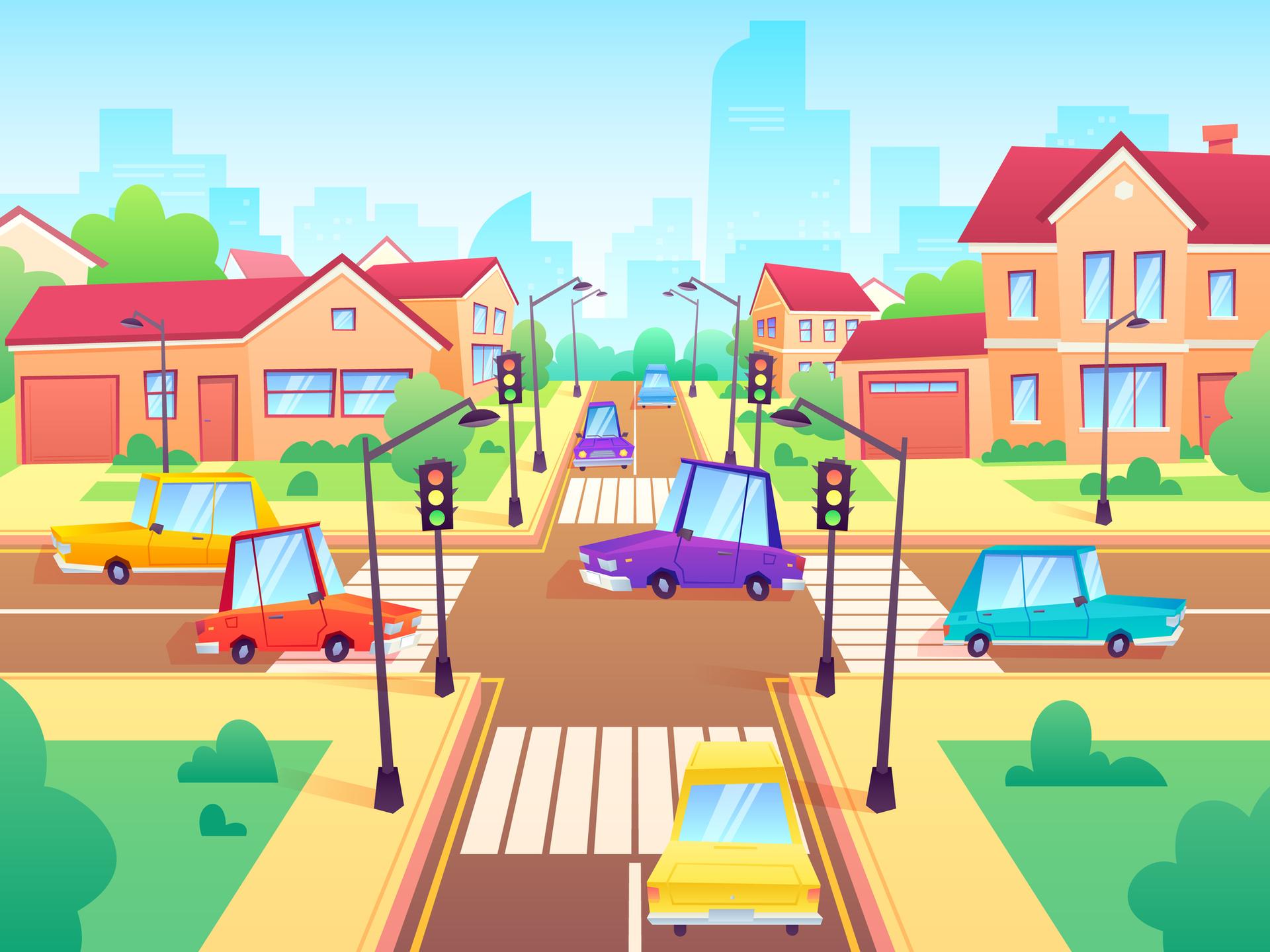 Illustration of cars in a bright neighborhood