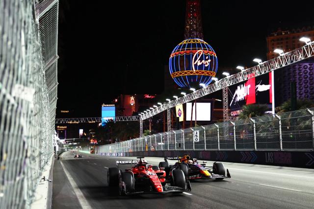 Race cars on the track at the Las Vegas Grand Prix.