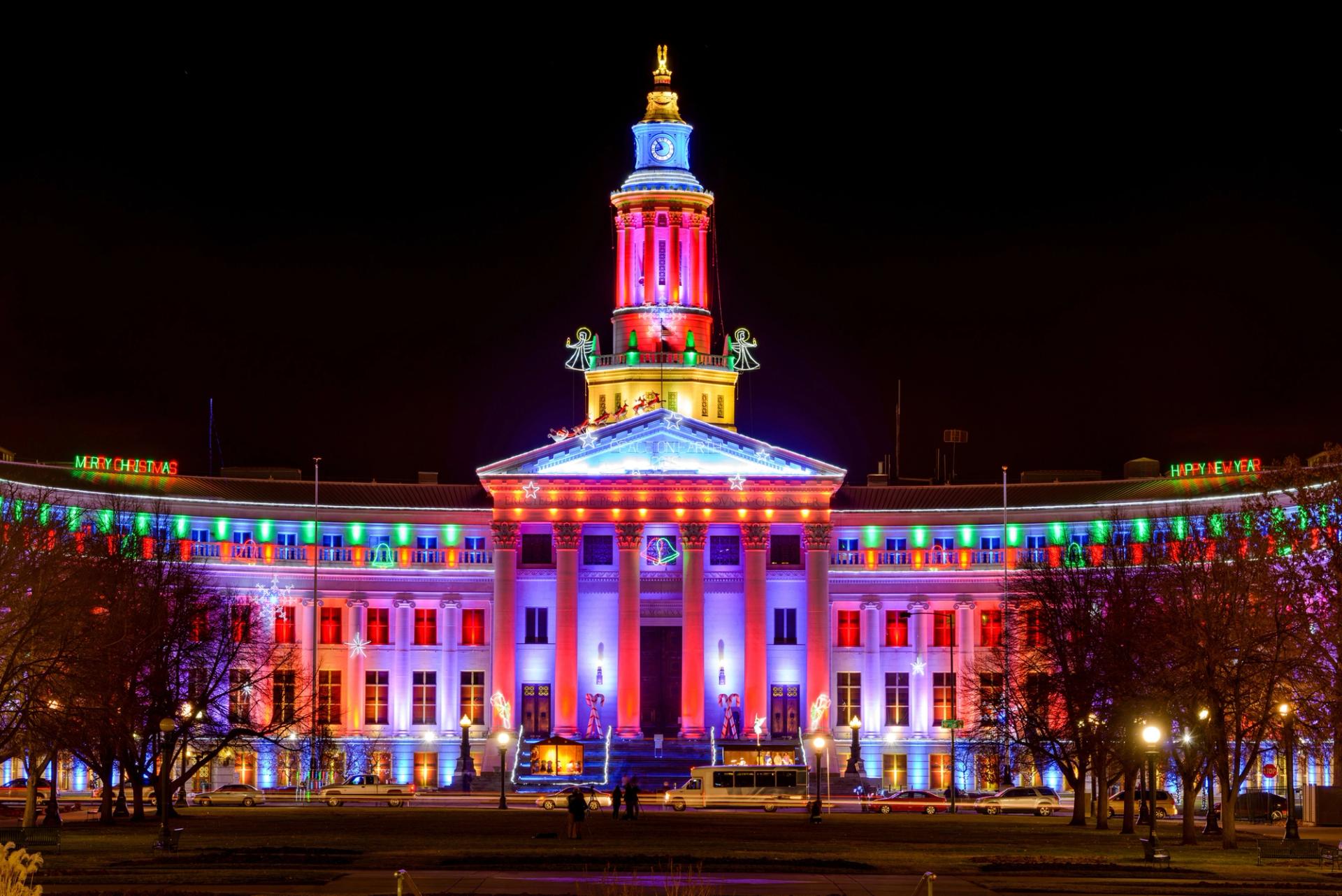 The Colorado State Capitol Building adorned in holiday lights and decor, 2015.