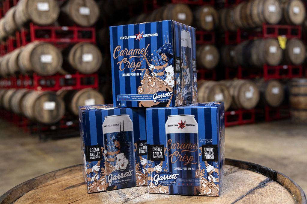 “Caramel Crisp,” a beer made with Garrett Popcorn’s caramel corn, at Revolution Brewing in 2022. (Erin Hooley / Tribune / Getty)