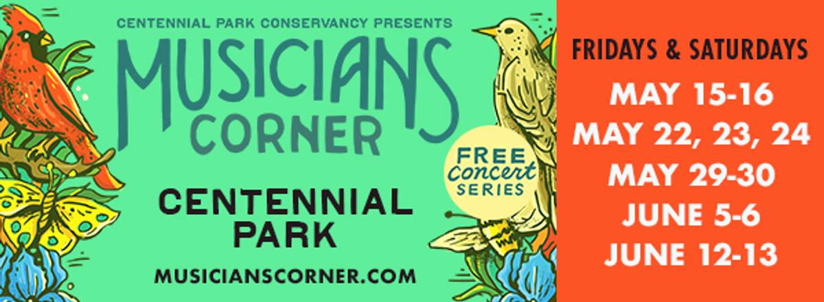 Concert poster for Musicians Corner at Centennial Park. Features colorful birds and flowers on the left, and concert dates (May-June) on the right.
