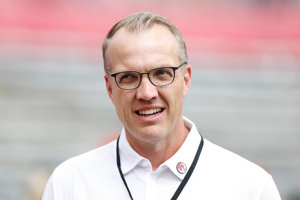 A close-up shot of director of athletics Chris McIntosh of the Wisconsin Badgers before the game against the New Mexico State Aggies at Camp Randall Stadium on September 17, 2022 in Madison, Wisconsin.
